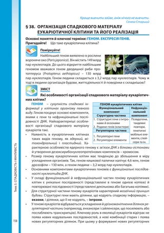 Тема3.СПАДКОВІСТЬІМІНЛИВІСТЬ
158
Краще вивчити зайве, аніж нічого не вивчити.
Сенека Старший
§ 38.	 ОРГАНІЗАЦІЯ СПАДКОВОГО МАТЕРІАЛУ
ЕУКАРІОТИЧНОЇ КЛІТИНИ ТА ЙОГО РЕАЛІЗАЦІЯ
Основні поняття й ключові терміни: ГЕНОМ. ЕКСПРЕСІЯ ГЕНІВ.
Пригадайте! 	 Що таке еукаріотична клітина?
	Поміркуйте!
Найбільший геном виявлено в рослини
вороняче око (Parisjaponica). Він містить 149 млрд
пар нуклеотидів. До цього відкриття найбільшим
геномом вважався геном дводишної риби про-
топтеруса (Protopterus aethiopicus)  – 130  млрд
пар нуклеотидів. Геном людини складається з 3,2 млрд пар нуклеотидів. Чому ж
тоді в людини організація будови, життєдіяльності й поведінки є складнішою?
	ЗМІСТ
	 Які особливості організації спадкового матеріалу еукаріотич­
них клітин?
ГЕНОМ  – сукупність спадкової ін-
формації у клітинах організму певного
виду. Геном поєднує основні компоненти,
якими є гени та нефункціональні послі-
довності ДНК. Найхарактерніші особли-
вості організації спадкового матеріалу
еукаріотів такі.
•	 Наявність в еукаріотичних клітинах
таких видів геному, як ядерний, мі-
тохондріальний і пластидний. Ха-
рактерною особливістю ядерного геному є зв’язок ДНК з білками-гістонами
й утворення дезоксирибонуклеопротеїнових комплексів – хромосом.
•	 Розмір геному еукаріотичних клітин має тенденцію до збільшення в міру
ускладнення організмів. Так, геном кишкової палички налічує 4,6 млн, геном
дрозофіли – 130 млн, а геном людини – 3,2 млрд пар нуклеотидів.
•	 Основними компонентами еукаріотичних геномів є функціональні послідов-
ності нуклеотидів ДНК.
•	 У складі функціональної й нефункціональної частин геному еукаріотичних
клітин є унікальні послідовності (представлені в геномі однією копією) й
повторювані послідовності (представлені декількома або багатьма копіями).
•	 Для структурної частини геному еукаріотів характерний мозаїчний принцип
будови. Структурні гени мають ділянки, що кодують спадкову інформацію, –
екзони, і ділянки, що її не кодують, – інтрони.
•	 У геномі еукаріотів відбуваються ускладнення й урізноманітненняділянокре-
гуляторної частини (наприклад, енхансери і сайленсери, що посилюють або
послаблюють транскрипцію). Ключову роль в еволюції еукаріотів відіграє не
поява нових кодувальних послідовностей, а нові комбінації старих і поява
нових регуляторних ділянок. При цьому у формуванні нових регуляторних
ГЕНОМ еукаріотичних клітин
Функціональний
компонент
Нефункціо­
нальний
компонентСтруктурна частина
1.	 Структурні гени з інтро-
нами й екзонами
2.	 Родини генів (кластери)
Псевдогени,
тандемні
повтори,
ге­нетичні
мобіль­ні еле-
менти, спей­-
сери та ін.
Регуляторна частина
1.	 Регуляторні гени
2.	 Регуляторні елементи
Право для безоплатного розміщення підручника в мережі Інтернет має
Міністерство освіти і науки України http://mon.gov.ua/ та Інститут модернізації змісту освіти https://imzo.gov.ua
 