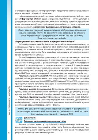 Тема3.СПАДКОВІСТЬІМІНЛИВІСТЬ
164
й утворення функціонального продукту. Цим продуктом є ферменти, що розщеп­
люють лактозу й сприяють її засвоєнню.
Найкращим прикладом епігенетичних змін для еукаріотичних клітин є про-
цес диференціації клітин. Одна запліднена яйцеклітина – зигота ділиться й
диференціюється в різні види клітин, які наявні в живому організмі. Це здійсню-
ється шляхом активації одних генів та пригнічення інших, а гіпотеза, що пояснює
ці зміни, називається гіпотезою диференціальної активності генів.
Отже, завдяки регуляції активності генів відбуваються відповідна
пристосованість клітин та одноклітинних організмів до змінних
умов середовища та диференціація клітин під час розвитку
багатоклітинних організмів.
Як регулюється активність генів в еукаріотичній клітині?
Клітини будь-якого еукаріотичного організму містять однакову генетичну ін-
формацію, але під час їхнього розвитку вона реалізується вибірково. Одночасно
усі гени, що є в геномі клітин, ніколи не «працюють», тобто активними усі гени
водночас ніколи не бувають. Які ж механізми забезпечують регуляцію активності
генів в еукаріотичних клітинах?
Регуляція активності генів згідно з концепцією оперона характерна лише для
генів, розташованих у мітохондріях й пластидах. Система регуляції ядерних ге-
нів є набагато складнішою й різноманітнішою. Наявність ядра й нуклеосомної
організації хроматину суттєво розширяє можливості регуляції. У еукаріотичних
клітинах експресія генів регулюється на кожному з етапів – на рівні транскрип-
ції, процесингу РНК, експорту РНК, трансляції й посттрансляційної модифікації
білків. Найбільш універсальними епігенетичними механізмами регуляції є такі.
Регуляція за участі малих РНК. РНК-інтерференція – механізм регуляції, що
здійснюється за допомогою малих (20 – 25 нуклеотидів) молекул РНК. Основни-
ми молекулами є маленькі ядерні РНК (мяРНК) та мікроРНК (мкРНК), які вже після
транскрипції можуть вступати у взаємодію із комплементарними послідовностя-
ми іРНК та змінювати їхню активність.
Регуляція шляхом метилювання. Це найбільш досліджений механізм ре-
гуляції, пов'язаний із приєднанням метильної групи (СН3
) до цитозину в складі
нуклеотидів ДНК, що зазвичай пригнічує активність генів на рівні транскрипції.
Регуляція на рівні хроматину. Це найбільш універсальний спосіб регуляції
за допомогою зміни стану хроматину впродовж життя клітини. Деконденсова-
ний еухроматин створює можливості для зчитування інформації з генів, а ущіль-
нений конденсований гетерохроматин – блокує.
Отже, для еукаріотичних клітин характерні складні й різноманітні
молекулярні епіегенетичні механізми, що змінюють активність генів
і не зачіпають первинної структури ДНК.
	ДІЯЛЬНІСТЬ
	 Завдання на формування пошукових умінь
Зіставте прізвища вчених у галузі біології із модельними організмами, яких
вони використовували, та отримайте назву групи білків, необхідних для утво-
рення хроматину. Дайте коротку характеристику цій групі білків. Як відбувається
регуляція активності генів за їхньої участі?
Право для безоплатного розміщення підручника в мережі Інтернет має
Міністерство освіти і науки України http://mon.gov.ua/ та Інститут модернізації змісту освіти https://imzo.gov.ua
 