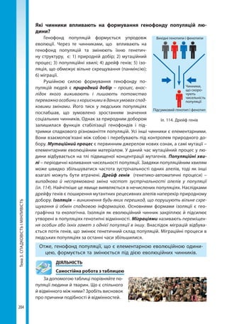 Тема3.СПАДКОВІСТЬІМІНЛИВІСТЬ
204
Які чинники впливають на формування генофонду популяцій лю­
дини?
Генофонд популяцій формується упродовж
еволюції. Через те чинниками, що впливають на
генофонд популяцій та змінюють їхню генетич-
ну структуру, є: 1) природній добір; 2) мутаційний
процес; 3) популяційні хвилі; 4) дрейф генів; 5) ізо-
ляція, що обмежує вільне схрещування (панміксію);
6) міграції.
Рушійною силою формування генофонду по-
пуляцій людей є природний добір – процес, внас-
лідок якого виживають і лишають потомство
переважно особини з корисними в даних умовах спад-
ковими змінами. Його тиск у людських популяціях
послабшав, що зумовлено зростанням значення
соціальних чинників. Однак за природним добором
залишилася функція стабілізації генофондів і під-
тримки спадкового різноманіття популяцій. Усі інші чинники є елементарними.
Вони взаємопов’язані між собою і перебувають під контролем природного до-
бору. Мутаційний процес є первинним джерелом нових ознак, а самі мутації –
елементарним еволюційним матеріалом. У даний час мутаційний процес у лю-
дини відбувається на тлі підвищеної концентрації мутагенів. Популяційні хви-
лі – періодичні коливання чисельності популяції. Завдяки популяційним хвилям
може швидко збільшуватися частота зустрічальності одних алелів, тоді як інші
взагалі можуть бути втрачені. Дрейф генів (генетико-автоматичні процеси) –
випадкова й неспрямована зміна частот зустрічальності алелів у популяції
(іл. 114). Найчіткіше це явище виявляється в нечислених популяціях. Наслідками
дрейфу генів є поширення мутантних рецесивних алелів наперекір природному
добору. Ізоляція – виникнення будь-яких перешкод, що порушують вільне схре-
щування й обмін спадковою інформацією. Основними формами ізоляції є гео­
графічна та екологічна. Ізоляція як еволюційний чинник закріплює й підсилює
утворені в популяціях генотипні відмінності. Міграціями називають переміщен-
ня особин або їхніх гамет з однієї популяції в іншу. Внаслідок міграцій відбува-
ється потік генів, що змінює генетичний склад популяцій. Міграційні процеси в
людських популяціях за останні часи збільшилися.
Отже, генофонд популяції, що є елементарною еволюційною одини-
цею, формується та змінюється під дією еволюційних чинників.
	ДІЯЛЬНІСТЬ
	 Самостійна робота з таблицею
За допомогою таблиці порівняйте по-
пуляції людини й тварин. Що є спільного
й відмінного між ними? Зробіть висновок
про причини подібності й відмінностей.
Вихідні генотипи і фенотипи
Підсумковий генотип і фенотип
Чинники,
що скоро­
чують
чисельність
популяції
Іл. 114. Дрейф генів
Право для безоплатного розміщення підручника в мережі Інтернет має
Міністерство освіти і науки України http://mon.gov.ua/ та Інститут модернізації змісту освіти https://imzo.gov.ua
 