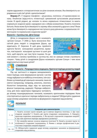 217
§52.Хворобиспадковогопоходження
зором одружився з гетерозиготною за цією ознакою жінкою. Яка ймовірність на-
родження в цій сім’ї дітей з дальтонізмом?
Вправа 3*. У людини гемофілія – рецесивна, зчеплена з Х-хромосомою оз-
нака. Альбінізм (відсутність пігментації) зумовлений аутосомним рецесивним
геном. В одній родині, де чоловік та жінка нормально пігментовані та мають
нормальне зсідання крові, народився син з обома аномаліями. Укажіть генотипи
батьків. Якою може бути ймовірність прояву обох аномалій у другого сина? Якою
може бути ймовірність народження наступного разу дівчинки з нормальною піг­
ментацією та нормальним зсіданням крові?
Біологія + Суспільство. Діти Сонця
Діток із синдромом Дауна часто називають
«дітьми Сонця». У 2006 р. було визначено Все­
світній день людей із синдромом Дауна, що
відмічають 21 березня. В цей день прийнято
одягати багато кольорових шкарпеток, крава-
ток, пов’язувати  кольорові хустини та шалі для
того, щоб відчути, що таке бути іншими. На да-
ний момент є велика проблема в суспільстві, яке не завжди готове сприймати
«інших». Чому дітей із синдромом Дауна називають «дітьми Сонця» і чим вони
відрізняються від інших дітей?
СТАВЛЕННЯ
Біологія + Репродуктивна медицина. Критичні періоди розвитку людей
Під час вагітності в людини виокремлюють
певні періоди, коли формування органів і си­стем
плоду відбувається найбільш інтенсивно, і він осо-
бливочутливийдодіїзовнішніхчинників,такихяк
хімічні (наприклад, талідомід, алкоголь, нікотин),
біологічні (наприклад, вірус кіру чи краснухи),
фізичні (наприклад, радіація). Періоди ембріоге-
незу, для яких характерна підвищена чутливість
до впливу пошкоджувальних чинників, називають критичними періодами. Коли
спостерігаються критичні періоди ембріогенезу в людини? Обґрунтуйте судження
щодо впливу шкідливих чинників на формування спадкових вад розвитку.
	РЕЗУЛЬТАТ
Оцінка Завдання для самоконтролю
1 – 6
1. Назвіть основні групи хвороб, що їх вивчає медична генетика. 2. Що таке
спадкові хвороби? 3. Назвіть дві групи спадкових захворювань. 4. Наведіть
приклад спадкових захворювань. 5. Які мутації є причиною спадкових хвороб?
6. Що таке критичні періоди зародкового розвитку?
7 – 9
7. Які хвороби вивчає сучасна медична генетика? 8. Назвіть основні групи та
особливості спадкових захворювань. 9. Якими є заходи профілактики й діа-
гностики спадкових хвороб людини?
10 – 12
10. Обґрунтуйте судження щодо впливу шкідливих чинників на формування
спадкових вад розвитку.
Право для безоплатного розміщення підручника в мережі Інтернет має
Міністерство освіти і науки України http://mon.gov.ua/ та Інститут модернізації змісту освіти https://imzo.gov.ua
 