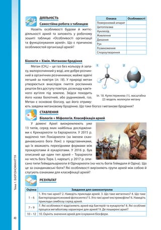 40
Тема1.БІОРІЗНОМАНІТТЯ 	ДІЯЛЬНІСТЬ
	 Самостійна робота з таблицею
Назвіть особливості будови й життє­
діяльності архей та заповніть у робочому
зошиті таблицю «Особливості організації
та функціонування архей». Що є причиною
особливостей організації архей?
Біологія + Хімія. Метанове бродіння
Метан (СН4) – це газ без кольору й запа-
ху, малорозчинний у воді, але добре розчин-
ний в органічних розчинниках; майже вдвічі
легший за повітря (іл. 18). У природі метан
утворюється внаслідок гниття рослинних
решток без доступу повітря, розкладу кам’я-
ного вугілля під землею. Звідси походить
його назва болотний, або рудниковий, газ.
Метан є основою біогазу, що його отриму-
ють завдяки метановому бродінню. Що таке біогаз і метанове бродіння?
СТАВЛЕННЯ
Біологія + Міфологія. Класифікація архей
У домені Археї виокремлюють уже
13 ти­пів, серед яких найбільш досліджени-
ми є Кренархеоти та Евріархеоти. У 2015 р.
виділено тип Локіархеоти (за іменем скан-
динавського бога Локі) з представниками,
що їх вважають перехідними формами між
прокаріотами й еукаріотами. У 2016 р. був
описаний ще один тип архей – Торархеоти
на честь бога Тора. І, нарешті, у 2017 р. опи-
сано типи Геймдальархеоти й Одінархеоти (на честь богів Геймдаля й Одіна). Що
це за скандинавські боги? Які особливості вирізняють групи архей між собою й
слугують ознаками для класифікації архей?
	РЕЗУЛЬТАТ
Оцінка Завдання для самоконтролю
1 – 6
1. Хто такі археї? 2. Наведіть приклади архей. 3. Що таке метагенез? 4. Що таке
бактеріородопсиновий фотосинтез? 5. Хто такі археї-екстремофіли? 6. Наведіть
приклади симбіозу серед архей.
7 – 9
7. Які особливості відрізняють архей від бактерій та еукаріотів? 8. Які особливі
процеси метаболізму характерні для архей? 9. Де поширені археї?
10 – 12 10. Оцініть значення архей для існування біосфери.
Ознака Особливості
Поверхневий апарат
Цитоплазма
Нуклеоїд
Живлення
Дихання
Рух
Розмноження
Спороутворення
Іл. 18. Кулестержнева (1), масштабна
(2) модель молекули метану
1 2
Право для безоплатного розміщення підручника в мережі Інтернет має
Міністерство освіти і науки України http://mon.gov.ua/ та Інститут модернізації змісту освіти https://imzo.gov.ua
 