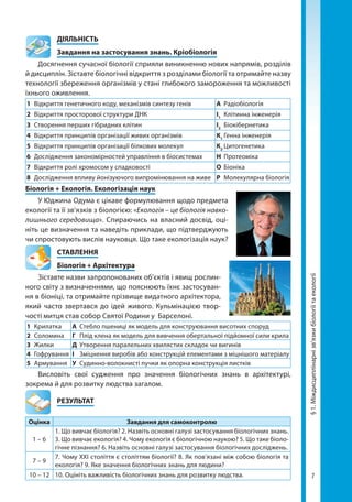 7
	ДІЯЛЬНІСТЬ
	 Завдання на застосування знань. Кріобіологія
Досягнення сучасної біології сприяли виникненню нових напрямів, розділів
й дисциплін. Зіставте біологічні відкриття з розділами біології та отримайте назву
технології збереження організмів у стані глибокого замороження та можливості
їхнього оживлення.
1	 Відкриття генетичного коду, механізмів синтезу генів А	Радіобіологія
2	 Відкриття просторової структури ДНК І1
	 Клітинна інженерія
3	 Створення перших гібридних клітин І2
	Біокібернетика
4	 Відкриття принципів організації живих організмів К1
	Генна інженерія
5	 Відкриття принципів організації білкових молекул К2
	Цитогенетика
6	 Дослідження закономірностей управління в біосистемах Н	Протеоміка
7	 Відкриття ролі хромосом у спадковості О	Біоніка
8	 Дослідження впливу йонізуючого випромінювання на живе Р	 Молекулярна біологія
Біологія + Екологія. Екологізація наук
У Юджина Одума є цікаве формулювання щодо предмета
екології та її зв’яз­ків з біологією: «Екологія – це біологія навко-
лишнього середовища». Спираючись на власний досвід, оці-
ніть це визначення та наведіть приклади, що підтверджують
чи спростовують вислів науковця. Що таке екологізація наук?
СТАВЛЕННЯ
Біологія + Архітектура
Зіставте назви запропонованих об’єктів і явищ рослин-
ного світу з визначеннями, що пояснюють їхнє застосуван-
ня в біоніці, та отримайте прізвище видатного архітектора,
який часто звертався до ідей живого. Кульмінацією твор-
чості митця став собор Святої Родини у Барселоні.
1	Крилатка А	 Стебло пшениці як модель для конструювання висотних споруд
2	Соломина Г	 Плід клена як модель для вивчення обертальної підйомної сили крила
3	Жилки Д	 Утворення паралельних хвилястих складок чи вигинів
4	Гофрування І	 Зміцнення виробів або конструкцій елементами з міцнішого матеріалу
5	Армування У	 Судинно-волокнисті пучки як опорна конструкція листків
Висловіть свої судження про значення біологічних знань в архітектурі,
зокрема й для розвитку людства загалом.
	РЕЗУЛЬТАТ
Оцінка Завдання для самоконтролю
1 – 6
1. Що вивчає біологія? 2. Назвіть основні галузі застосування біологічних знань.
3. Що вивчає екологія? 4. Чому екологія є біологічною наукою? 5. Що таке біоло-
гічне пізнання? 6. Назвіть основні галузі застосування біологічних досліджень.
7 – 9
7. Чому XXI століття є століттям біології? 8. Як пов’язані між собою біологія та
екологія? 9. Яке значення біологічних знань для людини?
10 – 12 10. Оцініть важливість біологічних знань для розвитку людства.
§1.Міждисциплінарнізв’язкибіологіїтаекології
Право для безоплатного розміщення підручника в мережі Інтернет має
Міністерство освіти і науки України http://mon.gov.ua/ та Інститут модернізації змісту освіти https://imzo.gov.ua
 