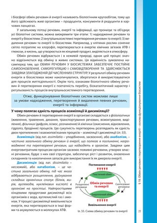 77
§18.Обмінречовиніперетворенняенергії–основафункціонуваннябіосистем
і біосфері обмін речовин й енергії називають біологічним кругообігом, тому що
його здійснюють живі організми – продуценти, консументи й редуценти в хар-
чових ланцюгах.
У загальному потоці речовин, енергії та інформації, що пронизує та об’єднує
усі біологічні системи, можна виокремити три етапи: 1) надходження речовин та
енергії у біосистеми; 2) внутрішньосистемні перетворення речовин та енергії; 3) ви-
далення речовин та енергії із біосистеми. Наприклад, у клітинах рослин сонячне
світло потрапляє на хлорофіл, перетворюється в енергію хімічних зв’язків АТФ і
глюкози, а кисень, що утворюється як кінцевий продукт, виділяється в атмосферу.
Обмін речовин відбувається і в неживій природі, однак цей процес знач-
но відрізняється від обміну в живих системах. Ця відмінність зумовлена на-
самперед тим, що ОБМІН РЕЧОВИН У БІОСИСТЕМАХ ЗАБЕЗПЕЧУЄ ПОСТІЙНЕ
САМО­ОНОВЛЕННЯ, САМОРЕГУЛЯЦІЮ І САМОВІДТВОРЕННЯ ТА ЗДІЙСНЮЄТЬСЯ
ЗАВДЯКИ ЗЛАГОДЖЕНІЙ ДІЇ ЧИСЛЕННИХ СТРУКТУР. У результаті обміну речовин
енергія в біо­системах може накопичуватися, зберігатися й використовуватися
для процесів життєдіяльності. Окрім того, ознаками біологічного обміну речо-
вин й перетворення енергії є поетапність перебігу, біокаталітичний характер і
регульованість процесів внутрішньосистемного перетворення.
Отже, функціонування біологічних систем можливе лише
за умови надходження, перетворення й видалення певних речовин,
енергії та інформації.
У чому полягає єдність процесів асиміляції й дисиміляції?
Обмін речовин й перетворення енергії в організмі складається з фізіологічних
(живлення, травлення, дихання, транспортування речовин, всмоктування, виді-
лення), фізичних (дифузія, осмос, розчинення) й хімічних (окиснення, відновлення,
гідроліз, бродіння) процесів. Цю сукупність перетворень розглядають як єдність
двох протилежних і взаємопов'язаних процесів – асиміляції і дисиміляції (іл. 55).
Асиміляція (від лат. assimilatio – уподібнення, засвоєння), або анаболізм, –
частина загального обміну речовин й енергії, що полягає в поглинанні, нагро­
ма­дже­нні та перетворенні речовин, що надходять в організм. Завдяки цим
енерговитратним процесам організм засвоює поживні речовини, утворює влас-
ні речовини, будує з них свої структури, забезпечує ріст і розвиток, оновлення
складників та накопичення запасів для використання їх як джерела енергії.
Дисиміляція (від лат. dissimilatio  –
несхожий), або катаболізм, – це ча-
стина загального обміну, під час якого
відбуваються розщеплення, руйнування
складних органічних сполук (білків, жи-
рів, вуглеводів, нуклеїнових кислот) в
організмі на простіші. Найпростішими
кінцевими продуктами дисиміляції всіх
організмів є вода, вуглекислий газ і амо-
ніак. У процесі дисиміляції вивільняється
енергія, яка перетворюється в інші фор-
ми та акумулюється в молекулах АТФ.
Поглинання енергії
Вивільнення енергії
Обмін речовин
та енергії
Пластичний обмін
Розщеплені
речовини
Синтезовані
речовини
Енергетичний обмін
Іл. 55. Схема обміну речовин та енергії
Право для безоплатного розміщення підручника в мережі Інтернет має
Міністерство освіти і науки України http://mon.gov.ua/ та Інститут модернізації змісту освіти https://imzo.gov.ua
 