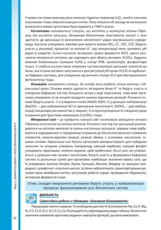 Тема2.ОБМІНРЕЧОВИНІПЕРЕТВОРЕННЯЕНЕРГІЇ
82
У живих системах важливу роль виконує гідроген пероксид H2О2 , який є сильним
окисником і тому небезпечним для клітин. Роль нітроген (II) оксиду як сигнальної
молекули в живих організмах була відкрита у 1980-х роках.
Кислотами називаються сполуки, що містять у молекулах атоми Гідро-
гену та кислотні залишки. Основною біологічною властивістю кислот є їхня
здатність до дисоціації й визначення кислотності рідин внутрішнього середо-
вища. Кислоти утворюють важливі для живого аніони NO3
–      
, Cl
−
, SO4
2–
, CO3
2–
(беруть
участь у регуляції процесів) та катіони Н
+
, від концентрації яких залежить рН
рідин й секретів. Сильні кислоти активують травні ферменти (HCl), здатні роз-
чиняти мінеральні сполуки, що надходять для обміну речовин (H2SO4), будують
важливі біомолекули (залишки H3РO4 у складі АТФ, нуклеотидів, фосфоліпідів
тощо). У слабких кислот лише невелика частина молекул дисоціює повністю на
йони, але й вони активно залучаються для регуляції рН крові (H2CO3 й карбонат-
на буферна система), для утворення органічних сполук (H2S для бактеріального
фотосинтезу) тощо.
Основами називають сполуки, до складу яких входять атом металу і гід-
роксильні групи. Основи мають здатність зв’язувати йони Н
+
та беруть участь в
утворенні буферних систем. Більшість основ у воді нерозчинні, тому живі орга-
нізми утворюють їх як кінцеві продукти окисно-відновних реакцій. Розчинні ос-
нови беруть участь: 1) в утворенні солей (NaOH, KOH); 2) у реакціях нейтралізації
(Ba(OH)2 – для нейтралізації HCl й зменшення кислотності, Al(OH)3 – для нейтра-
лізації алкалоїдів рослинної їжі у тварин); 3) в ґрунтоутворенні й створенні умов
існування для ґрунтових мешканців (Ca(OH)2) тощо.
Мінеральні солі – це продукти повного або часткового заміщення атомів
Гідрогену в кислотах на атоми металів. Розчинні солі під час дисоціації розкла-
даються на катіони металів та аніони кислотних залишків, завдяки чому відбу-
ваються надходження із середовища існування до біосистем багатьох поживних
елементів, окисно-відновні реакції, реакції обміну з основами, кислотами, ін-
шими солями. Нерозчинні солі багато організмів використовують для побудови
захисних та опорних утворень (наприклад, кальцій карбонат, кальцій фосфат
утворюють черепашки, скелети коралів, зуби хребетних). Кислі солі, які утворю-
ються у реакціях між лугами і кислотами, беруть участь у формуванні буферних
систем. Із розчинних солей для організмів найбільше значення мають солі, що
їх утворюють катіони Натрію, Калію, Кальцію, Магнію, Феруму та залишки хло-
ридної, сульфатної, нітратної кислот. Ці йони забезпечують транспортування ре-
човин крізь мембрани клітин, регуляцію роботи серця, проведення збудження,
активацію ферментів тощо.
Отже, складні неорганічні речовини беруть участь у найважливіших
процесах функціонування усіх біологічних систем.
	ДІЯЛЬНІСТЬ
	 Самостійна робота з таблицею «Значення біоелементів»
Перед вами хімічні символи 16 необхідних для життя біоелементів: Na, Ca, K, Mq,
Fe, P, S, Cl, H, O, C, N, І, F, Cu, Co. Розташуйте їх у відповідному рядку таблиці «Біологічне
значення елементів організму людини» навпроти функцій, що вони виконують.
Право для безоплатного розміщення підручника в мережі Інтернет має
Міністерство освіти і науки України http://mon.gov.ua/ та Інститут модернізації змісту освіти https://imzo.gov.ua
 