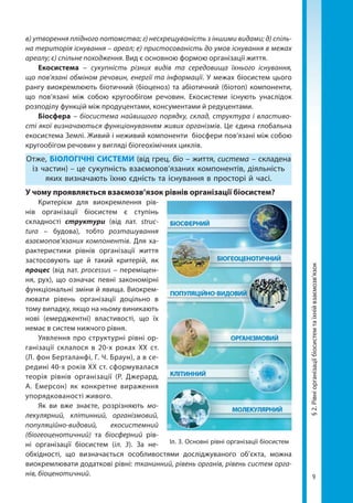 9
в) утворення плідного потомства; г) несхрещуваність з іншими видами; д) спіль-
на територія існування – ареал; е) пристосованість до умов існування в межах
ареалу; є) спільне походження. Вид є основною формою організації життя.
Екосистема – сукупність різних видів та середовища їхнього існування,
що пов’язані обміном речовин, енергії та інформації. У межах біосистем цього
рангу виокремлюють біотичний (біоценоз) та абіотичний (біотоп) компоненти,
що пов’язані між собою кругообігом речовин. Екосистеми існують унаслідок
розподілу функцій між продуцентами, консументами й редуцентами.
Біосфера – біосистема найвищого порядку, склад, структура і властиво-
сті якої визначаються функціонуванням живих організмів. Це єдина глобальна
екосистема Землі. Живий і неживий компоненти біосфери пов’язані між собою
кругообігом речовин у вигляді біогеохімічних циклів.
Отже, БІОЛОГІЧНІ СИСТЕМИ (від грец. біо – життя, система – складена
із частин) – це сукупність взаємопов’язаних компонентів, діяльність
яких визначають їхню єдність та існування в просторі й часі.
У чому проявляється взаємозв’язок рівнів організації біосистем?
Критерієм для виокремлення рів-
нів організації біосистем є ступінь
складності структури (від лат. struc­
tura  – будова), тобто розташування
взаємопов’язаних компонентів. Для ха-
рактеристики рівнів організації життя
застосовують ще й такий критерій, як
процес (від лат. processus – переміщен-
ня, рух), що означає певні закономірні
функціональні зміни й явища. Виокрем-
лювати рівень організації доцільно в
тому випадку, якщо на ньому виникають
нові (емерджентні) властивості, що їх
немає в систем нижчого рівня.
Уявлення про структурні рівні ор-
ганізації склалося в 20-х роках XX ст.
(Л. фон Берталанфі, Г. Ч. Браун), а в се-
редині 40-х років ХХ ст. сформувалася
теорія рівнів організації (Р. Джерард,
А. Емерсон) як конкретне вираження
упорядкованості живого.
Як ви вже знаєте, розрізняють мо-
лекулярний, клітинний, організмовий,
популяційно-видовий, екосистемний
(біогеоценотичний) та біосферний рів-
ні організації біосистем (іл. 3). За не-
обхідності, що визначається особливостями досліджуваного об’єкта, можна
виокремлювати додаткові рівні: тканинний, рівень органів, рівень систем орга-
нів, біоценотичний.
§2.Рівніорганізаціїбіосистемтаїхнійвзаємозв’язок
Іл. 3. Основні рівні організації біосистем
Право для безоплатного розміщення підручника в мережі Інтернет має
Міністерство освіти і науки України http://mon.gov.ua/ та Інститут модернізації змісту освіти https://imzo.gov.ua
 
