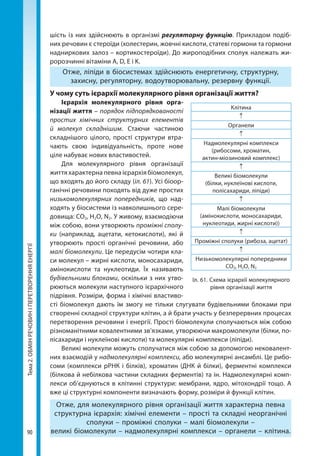 Тема2.ОБМІНРЕЧОВИНІПЕРЕТВОРЕННЯЕНЕРГІЇ
90
шість із них здійснюють в організмі регуляторну функцію. Прикладом подіб-
них речовин є стероїди (холестерин, жовчні кислоти, статеві гормони та гормони
надниркових залоз – кортикостероїди). До жироподібних сполук належать жи-
ророзчинні вітаміни А, D, Е і K.
Отже, ліпіди в біосистемах здійснюють енергетичну, структурну,
захисну, регуляторну, водоутворювальну, резервну функції.
У чому суть ієрархії молекулярного рівня організації життя?
Ієрархія молекулярного рівня орга­
нізації життя – порядок підпорядкованості
простих хімічних структурних елементів
й молекул складнішим. Стаючи частиною
складнішого цілого, прості структури втра-
чають свою індивідуальність, проте нове
ціле набуває нових властивостей.
Для молекулярного рівня організації
життя характерна певна ієрархія біомолекул,
що входять до його складу (іл. 61). Усі біоор-
ганічні речовини походять від дуже простих
низькомолекулярних попередників, що над-
ходять у біосистеми із навколишнього сере-
довища: СО2, Н2О, N2. У живому, взаємодіючи
між собою, вони утворюють проміжні сполу-
ки (наприклад, ацетати, кетокислоти), які й
утворюють прості органічні речовини, або
малі біомолекули. Це передусім чотири кла-
си молекул – жирні кислоти, моносахариди,
амінокислоти та нуклеотиди. Їх називають
будівельними блоками, оскільки з них утво-
рюються молекули наступного ієрархічного
підрівня. Розміри, форма і хімічні властиво-
сті біомолекул дають їм змогу не тільки слугувати будівельними блоками при
створенні складної структури клітин, а й брати участь у безперервних процесах
перетворення речовини і енергії. Прості біомолекули сполучаються між собою
різноманітними ковалентними зв’язками, утворюючи макромолекули (білки, по-
лісахариди і нуклеїнові кислоти) та молекулярні комплекси (ліпіди).
Великі молекули можуть сполучатися між собою за допомогою нековалент-
них взаємодій у надмолекулярні комплекси, або молекулярні ансамблі. Це рибо-
соми (комплекси рРНК і білків), хроматин (ДНК й білки), ферментні комплекси
(білкова й небілкова частини складних ферментів) та ін. Надмолекулярні комп-
лекси об’єднуються в клітинні структури: мембрани, ядро, мітохондрії тощо. А
вже ці структурні компоненти визначають форму, розміри й функції клітин.
Отже, для молекулярного рівня організації життя характерна певна
структурна ієрархія: хімічні елементи – прості та складні неорганічні
сполуки – проміжні сполуки – малі біомолекули –
великі біомолекули – надмолекулярні комплекси – органели – клітина.
Клітина
↑
Органели
↑
Надмолекулярні комплекси
(рибосоми, хроматин,
актин-міозиновий комплекс)
↑
Великі біомолекули
(білки, нуклеїнові кислоти,
полісахариди, ліпіди)
↑
Малі біомолекули
(амінокислоти, моносахариди,
нуклеотиди, жирні кислоти))
↑
Проміжні сполуки (рибоза, ацетат)
↑
Низькомолекулярні попередники
СО2, Н2О, N2
Іл. 61. Схема ієрархії молекулярного
рівня організації життя
Право для безоплатного розміщення підручника в мережі Інтернет має
Міністерство освіти і науки України http://mon.gov.ua/ та Інститут модернізації змісту освіти https://imzo.gov.ua
 