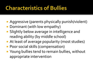 Characteristics of BulliesAggressive (parents physically punish/violent)Dominant (with low empathy)Slightly below average in intelligence and reading ability (by middle school)At least of average popularity (most studies)Poor social skills (compensation)Young bullies tend to remain bullies, without appropriate intervention