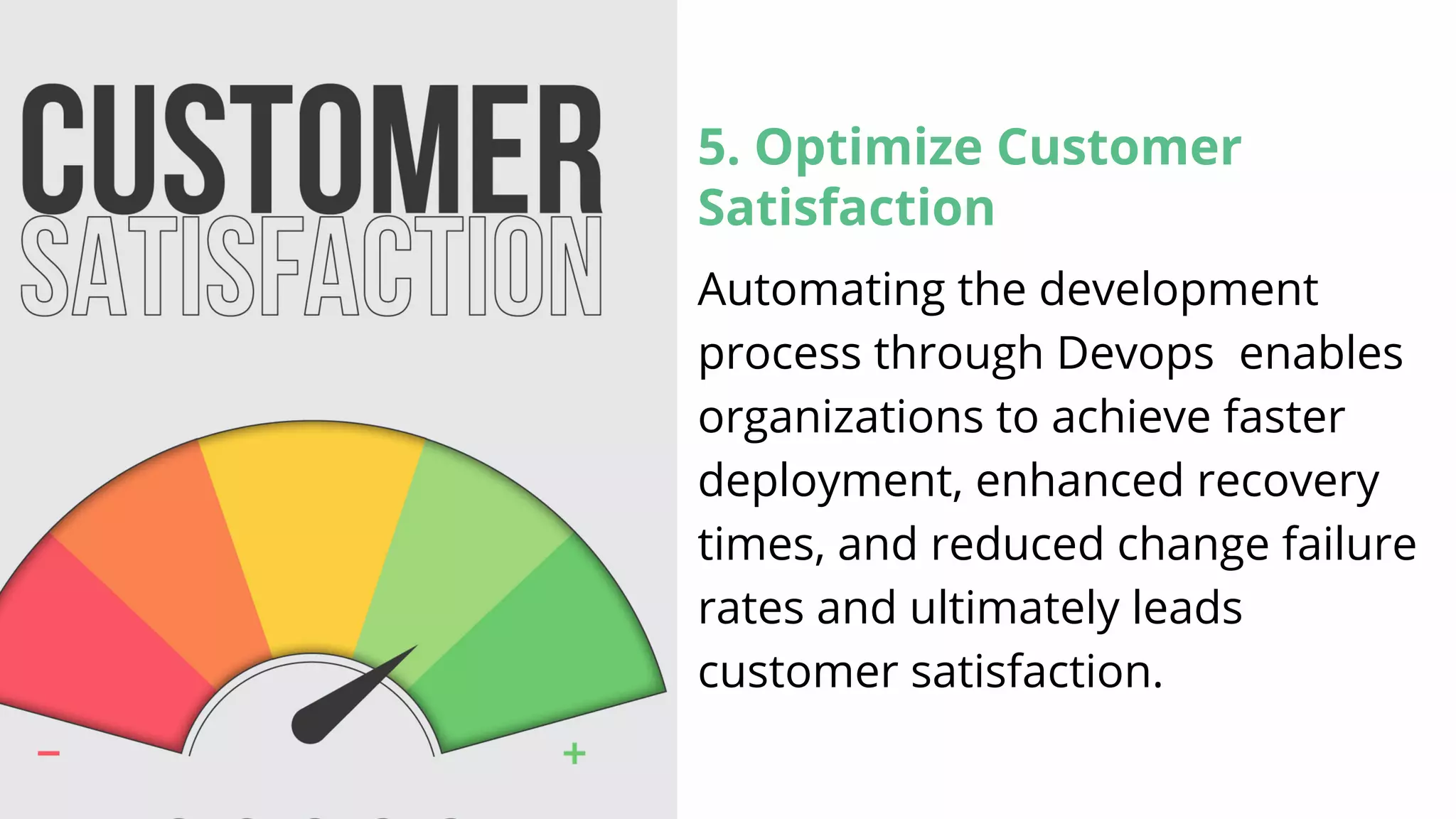 5. Optimize Customer
Satisfaction
Automating the development
process through Devops enables
organizations to achieve faster
deployment, enhanced recovery
times, and reduced change failure
rates and ultimately leads
customer satisfaction.
 