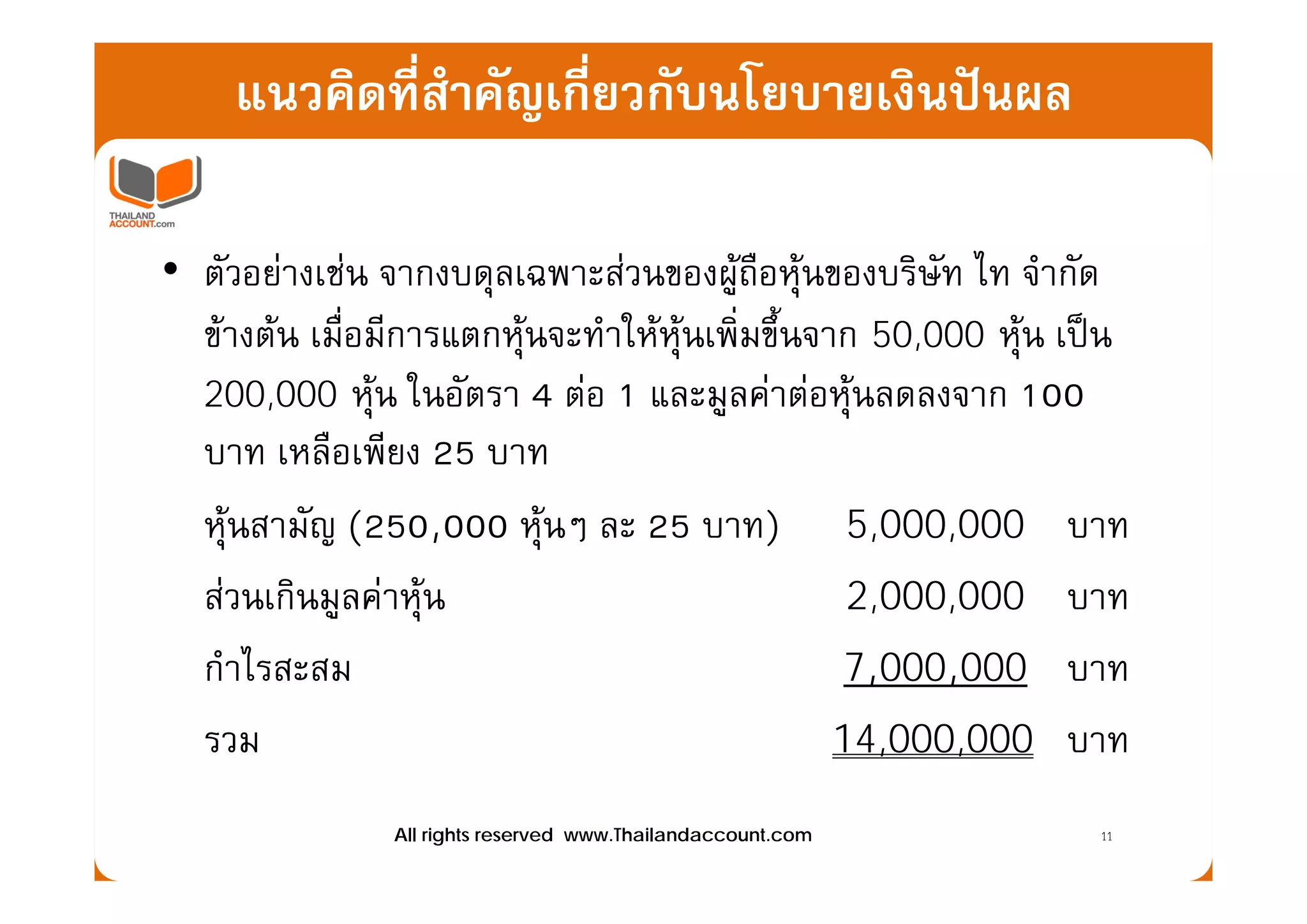 แนวคิดทีสําคัญเกี่ยวกับนโยบายเงินปนผล
             ่

• ตัวอยางเชน จากงบดุลเฉพาะสวนของผูถือหุนของบริษัท ไ จํากัด
                                                          ไท
  ขางตน เมื่อมีการแตกหุนจะทําใหหุนเพิ่มขึ้นจาก 50,000 หุน เปน
                          ุ                                   ุ
  200,000 หุน ในอัตรา 4 ตอ 1 และมูลคาตอหุนลดลงจาก 100
  บาท เหลือเพียง 25 บาท
        เหลอเพยง
  หุนสามัญ (250,000 หุนๆ ละ 25 บาท) 5,000,000 บาท
  สวนเกินมูลคาหุน                               2,000,000 บาท
  กาไรสะสม
  กําไรสะสม                                       7,000,000 บาท
  รวม                                             14,000,000 บาท

                All rights reserved www.Thailandaccount.com       11
 