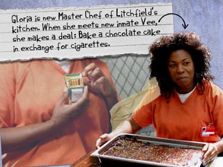 Gloria is new Master Chef of Litchfield’s 
kitchen. When she meets new inmate Vee, 
she makes a deal: Bake a chocolate cak...