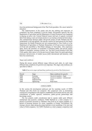 126                                  J. BUURMA ET AL.

from the professional background of the Thai Fresh president. His career started in
education.
    The implementation of the grades and also the auditing and inspection of
compliance has been completely in private hands. Government agencies like the
Department of Agriculture and the Department of Export Promotion were hampered
in playing an active role. Limited financial means and lack of capacity restrained
them from taking a more prominent position in promoting commercial horticulture.
The communication between public and private parties in both Thailand and The
Netherlands is still sub-optimal. The specific reasons for interventions by the Dutch
Inspectorate for Health Protection are not communicated to Thai Fresh or to the
Department of Agriculture in Thailand. Researchers of LEI got access to all parties
involved and assembled a Thai-Dutch dialogue on food safety. This experience
again shows the potential of researchers in bringing public and private parties
together in dialogues, seminars, lectures, etc. The most crucial element in the Thai
Fresh quality chain seems to be the provision of inputs (basis for good agricultural
practices) and provision of market access (both international and domestic; solid
basis for commitment).

Stages and conditions
During the project period different stages followed each other. In each stage
different basic conditions for growth were important. The stages and conditions are
specified in Table 4.

      Table 4. Successive stages and matching conditions for growth in Thai Fresh project

Period                 Stage                           Basic conditions for growth
2000                   Forming                         Access to markets – legal
2002                   Organizing                      Access to markets – institutional
2004                   Implementing                    Trust
2005                   Optimizing                      Risk/return

                                      CONCLUSION
In this section the development pathways and the matching results of TOPS
Thailand and Thai Fresh are compared. The comparison aims at formulating
conclusions or hypotheses with regard to smallholder involvement and the roles and
contributions of public agencies, institutions, public–private partnerships and
knowledge centres.
    The two projects under consideration had to operate under quite different
institutional and economic conditions: TOPS Thailand as a retail company in a
period of economic recession in Thailand; Thai Fresh as an export company in a
period of booming business for exotic vegetables in Europe. Nevertheless, the
strategic choices made during the project periods reveal something of the aims and
values of both companies. For TOPS Thailand as a retail company competition and
 