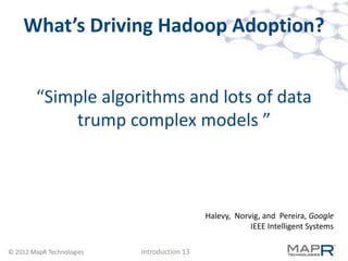 What’s Driving Hadoop Adoption?


        “Simple algorithms and lots of data
            trump complex models ”



                                             Halevy, Norvig, and Pereira, Google
                                                         IEEE Intelligent Systems

© 2012 MapR Technologies   Introduction 13
 