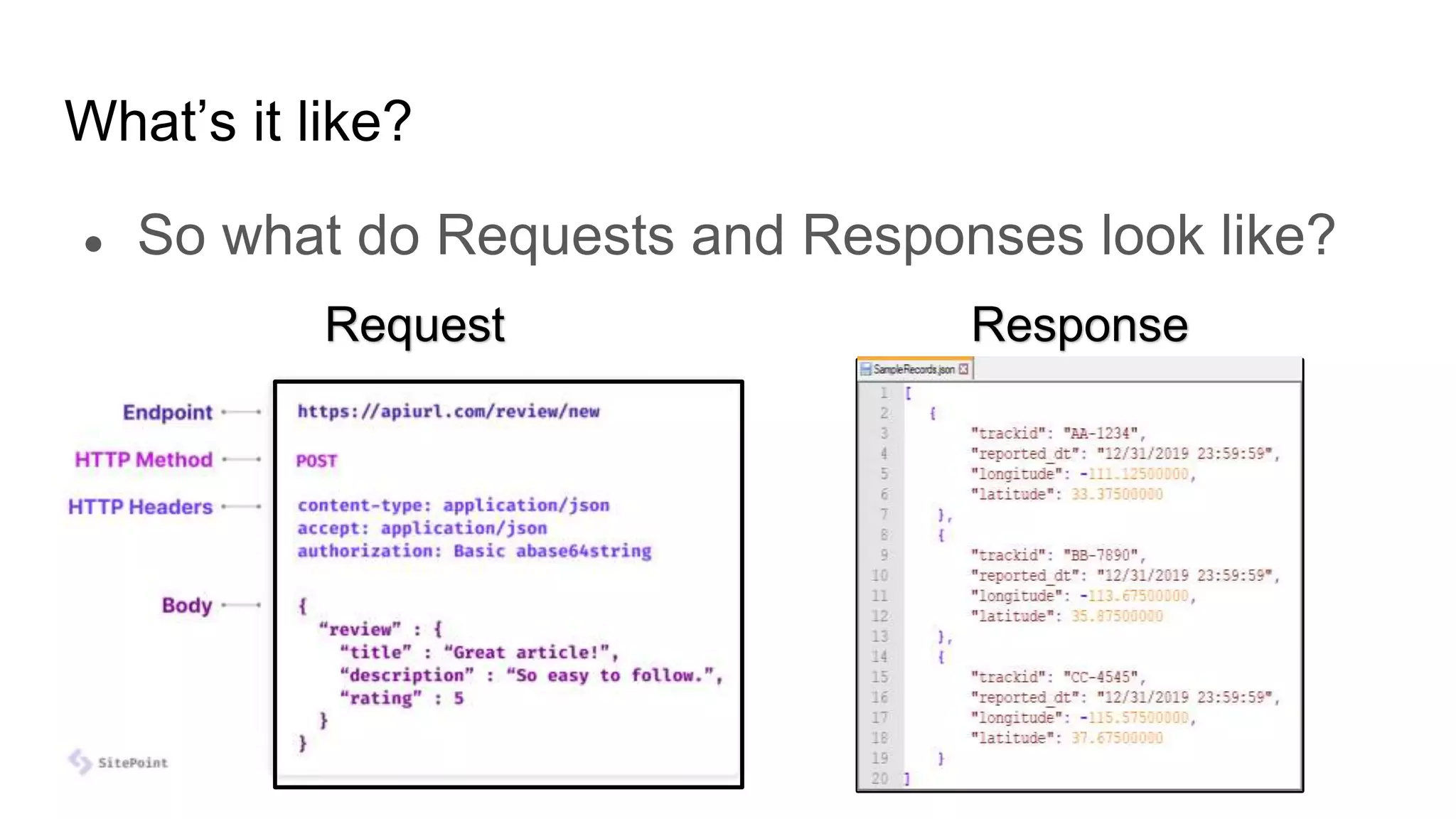 What’s it like?
● So what do Requests and Responses look like?
Request Response
 