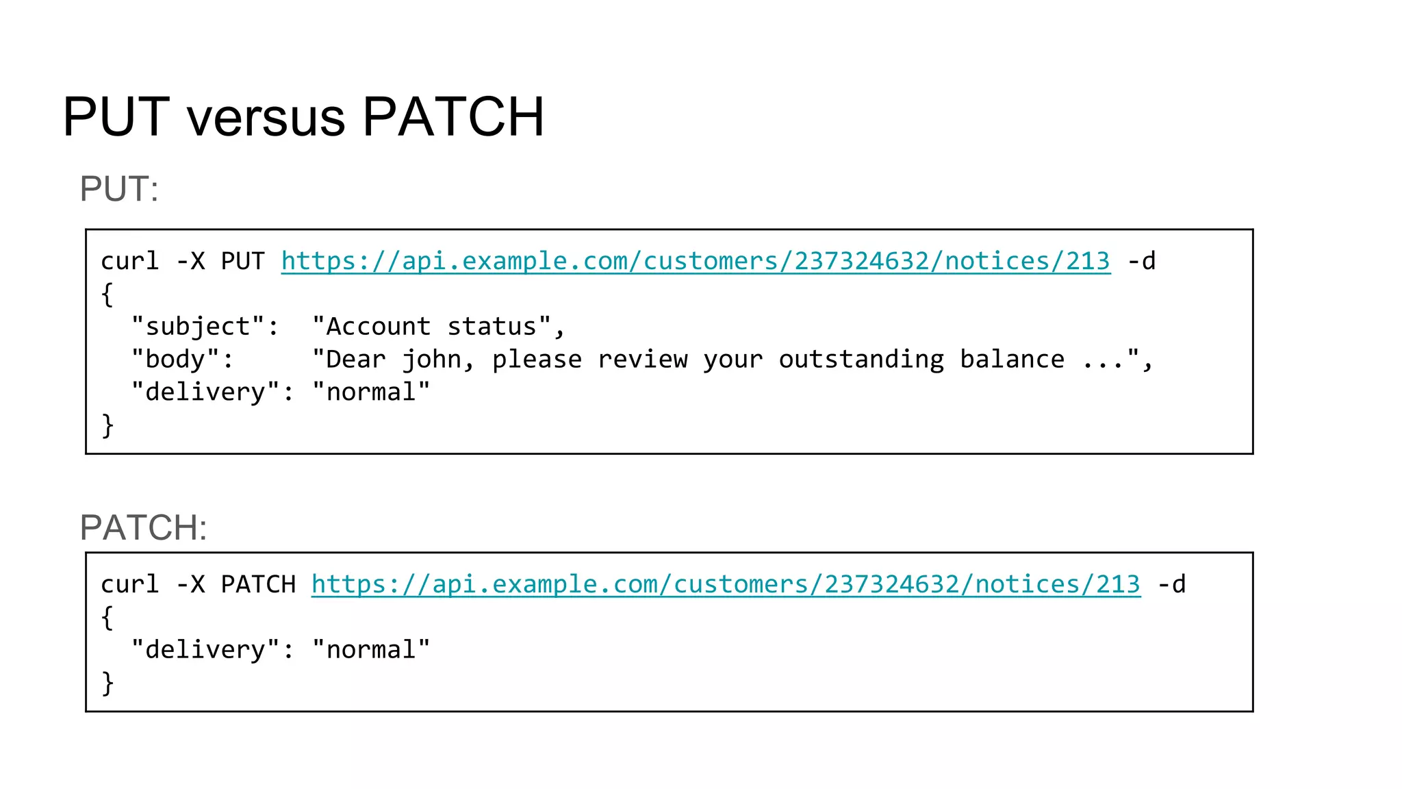 PUT versus PATCH
PUT:
PATCH:
curl -X PUT https://api.example.com/customers/237324632/notices/213 -d
{
"subject": "Account status",
"body": "Dear john, please review your outstanding balance ...",
"delivery": "normal"
}
curl -X PATCH https://api.example.com/customers/237324632/notices/213 -d
{
"delivery": "normal"
}
 