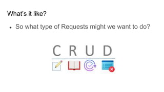 What’s it like?
● So what type of Requests might we want to do?
 