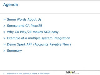 Agenda


> Some Words About Us

> Soreco and CA Plex/2E

> Why CA Plex/2E makes SOA easy

> Example of a multiple system integration

> Demo Xpert.APF (Accounts Payable Flow)

> Summary




                                                                        Co-branded Logo Footprint
                                                                               Aligned Right Edge
4   September 23-25, 2009   Copyright © 2009 CA. All rights reserved.   Must Fit Within This Space
 