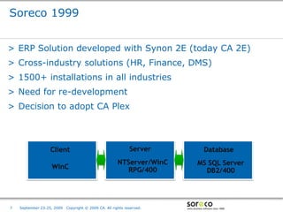 Soreco 1999


> ERP Solution developed with Synon 2E (today CA 2E)
> Cross-industry solutions (HR, Finance, DMS)
> 1500+ installations in all industries
> Need for re-development
> Decision to adopt CA Plex



                   Client                                     Server                Database
                                                        NTServer/WinC         MS SQL Server
                   WinC                                    RPG/400              DB2/400



                                                                        Co-branded Logo Footprint
                                                                               Aligned Right Edge
7   September 23-25, 2009   Copyright © 2009 CA. All rights reserved.   Must Fit Within This Space
 