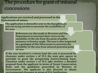 References are also made to Revenue and Forest
Department to ascertain their views on the
suitability of the site from the point of public
nuisance or forestry angle. The area is also inspected
by a geologist of this Directorate to ascertain the
suitability of the area from mineral potential point
of view
Applications are received and processed in the
Directorate of mines.
The application is thereafter sent to the draughtsman
and surveying section to ascertain the availability of
the area
If the area involved is a forest land the case is processed for
clearance under section 2 of FCA the state govt agrees in
principle to grant the prospecting licence/mining lease.
Clearance under section 2 of FCA 1980 involves a detailed
proposal from the applicant in terms of Forest Conservation
Rules and the guidelines prescribed by Ministry of
Environment. The applicant is also directed to obtain
environmental clearance in terms of EIA Notification.
 