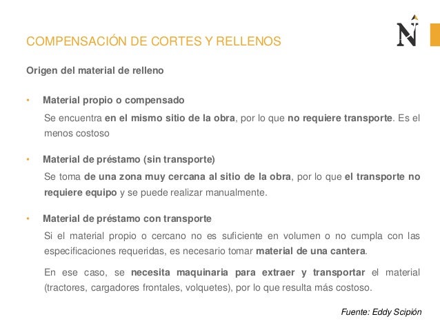 COMPENSACIÃN DE CORTES Y RELLENOS
Origen del material de relleno
â¢ Material propio o compensado
Se encuentra en el mismo s...