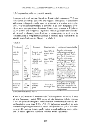 LO SVILUPPO DELLA COMPETENZA LESSICALE IN AMBIENTE CLIL
185
2.2 Comprensione del testo e densità lessicale
La comprensione di un testo dipende da diversi tipi di conoscenza. Vi è una
conoscenza generale (la cosiddetta enciclopedia) che riguarda le conoscenze
del mondo e si organizza nella memoria semantica in schemi (o scripts, fra-
mes). Vi è una conoscenza legata al contesto e al co-testo, dunque più speci-
fica e importante per attivare i processi di expectancy grammar e di inferen-
za. Vi è infine una competenza linguistica, relativa agli aspetti morfosintatti-
ci e testuali e alla componente lessicale. In questo paragrafo verrà presa in
considerazione la competenza linguistica in funzione delle caratteristiche di
densità lessicale di un testo. Si osservi la tabella 1:
Tabella 1.
Tipo lessico
N°
parole
Frequenza Copertura testo Implicazioni metodologiche
Alta fre-
quenza
2000
Spesso in ogni
tipo di testo
Circa l’87% di
un testo scola-
stico
Investire molto tempo
nell’acquisizione di questa
porzione di lessico. Assicu-
rarsi che sia stato appreso
Lessico
scolastico
800
Frequente in
più tipi di testi
scolastici
Circa l’8-9% di
un testo scola-
stico
Investire molto tempo
nell’acquisizione di questa
porzione di lessico. Assicu-
rarsi che sia stato appreso
Lessico
microlin-
guistico
Tra
1000 e
2000
parole
per ogni
tipo di
soggetto
A volte fre-
quente in testi
specialistici
scientifico
professionali
Circa il 3% del-
le parole di un
testo specialisti-
co
Studiare la materia implica
conoscerne il lessico.
L’insegnante della materia
deve incrementare il lessico
specifico e l’insegnante di
lingue deve consigliare le
strategie per il suo apprendi-
mento
Lessico di
bassa fre-
quenza
Circa
123.000
parole
Non sono
molto fre-
quenti
Circa il 2% o
più di ogni testo
Consigliare le strategie per
l’apprendimento di queste
parole, ma l’insegnante non
deve investire tempo nel loro
insegnamento.
Fonte: adattato da Nation, 1990:19
Come si può osservare è importante che l’allievo possieda un lessico di base
di alta frequenza. I primi 2000 lemmi di alta frequenza, infatti, coprono
l’87% di qualsiasi tipologia di testo scolastico, mentre invece il lessico mi-
crolinguistico copre circa il 3%. L’11-12% del corpus lessicale di un testo
sarebbe dunque rappresentato dal lessico disciplinare e da quello microlin-
guistico. Ovviamente la percentuale varia a seconda del tipo e genere di te-
sto. La tabella 2 presenta alcuni dati relativi a diversi tipi di input.
 