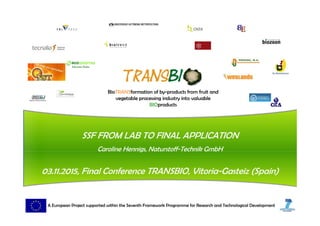 BioTRANSformation of by-products from fruit and
vegetable processing industry into valuable
BIOproducts
A European Project supported within the Seventh Framework Programme for Research and Technological Development
SSF FROM LAB TO FINAL APPLICATION
Caroline Hennigs, Naturstoff-Technik GmbH
03.11.2015, Final Conference TRANSBIO, Vitoria-Gasteiz (Spain)
 