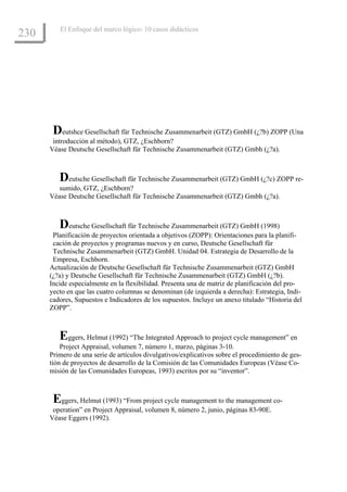 El Enfoque del marco lógico: 10 casos didácticos
230




       Deutshce Gesellschaft für Technische Zusammenarbeit (GTZ) GmbH (¿?b) ZOPP (Una
       introducción al método), GTZ, ¿Eschborn?
      Véase Deutsche Gesellschaft für Technische Zusammenarbeit (GTZ) Gmbh (¿?a).



         Deutsche Gesellschaft für Technische Zusammenarbeit (GTZ) GmbH (¿?c) ZOPP re-
         sumido, GTZ, ¿Eschborn?
      Véase Deutsche Gesellschaft für Technische Zusammenarbeit (GTZ) Gmbh (¿?a).



         Deutsche Gesellschaft für Technische Zusammenarbeit (GTZ) GmbH (1998)
       Planificación de proyectos orientada a objetivos (ZOPP): Orientaciones para la planifi-
       cación de proyectos y programas nuevos y en curso, Deutsche Gesellschaft für
       Technische Zusammenarbeit (GTZ) GmbH. Unidad 04. Estrategia de Desarrollo de la
       Empresa, Eschborn.
      Actualización de Deutsche Gesellschaft für Technische Zusammenarbeit (GTZ) GmbH
      (¿?a) y Deutsche Gesellschaft für Technische Zusammenarbeit (GTZ) GmbH (¿?b).
      Incide especialmente en la flexibilidad. Presenta una de matriz de planificación del pro-
      yecto en que las cuatro columnas se denominan (de izquierda a derecha): Estrategia, Indi-
      cadores, Supuestos e Indicadores de los supuestos. Incluye un anexo titulado “Historia del
      ZOPP”.



         Eggers, Helmut (1992) “The Integrated Approach to project cycle management” en
          Project Appraisal, volumen 7, número 1, marzo, páginas 3-10.
      Primero de una serie de artículos divulgativos/explicativos sobre el procedimiento de ges-
      tión de proyectos de desarrollo de la Comisión de las Comunidades Europeas (Véase Co-
      misión de las Comunidades Europeas, 1993) escritos por su “inventor”.



       Eggers, Helmut (1993) “From project cycle management to the management co-
       operation” en Project Appraisal, volumen 8, número 2, junio, páginas 83-90E.
      Véase Eggers (1992).
 