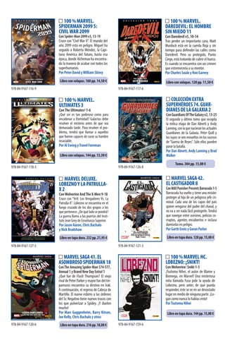 100 % MARVEL.
DAREDEVIL: EL HOMBRE
SIN MIEDO 11
Con Daredevil v5, 10-14
Tras perder un importante caso, Matt
Murdock está en la cuerda floja y sin
tiempo para defender las calles como
Daredevil. Pero su protegido, Punto
Ciego, está tratando de cubrir el hueco.
Es cuando se encuentra con un crimen
que estremecería a su mentor.
Por Charles Soule y Ron Garney
MARVEL SAGA 41. EL
ASOMBROSO SPIDERMAN 18
ConThe Amazing Spider-Man 574-577,
Annual 1 y Brand New Day Extra! 1
¿Qué fue de Flash Thompson? El viejo
rival de Peter Parker y mayor fan del tre-
pamuros encuentra su destino en Irak.
A continuación, el regreso de Cabeza de
Martillo. El nuevo esbirro a las órdenes
del Sr. Negativo tiene nuevos trucos con
los que pulverizar a Spidey. ¡Y duelen
mucho! 
Por Marc Guggenheim, Barry Kitson,
Joe Kelly, Chris Bachalo y otros
100 % MARVEL HC.
LOBEZNO: ¡SNIKT!
ConWolverine: Snikt 1-5
¡Tsutomu Nihei, el autor de Blame y
Biomega, en Marvel! Una misteriosa
niña llamada Fusa pide la ayuda de
Lobezno, pero antes de que pueda
responder, éste se ve en un devastado
lugarenmediodeningunaparte.¡Lo-
gan como nunca lo habías visto!
PorTsutomu Nihei
100 % MARVEL.
SPIDERMAN 2099 5:
CIVILWAR 2099
Con Spider-Man 2099 v3, 13-19
Cruce con “Civil War II”. El mundo del
año 2099 está en peligro. Miguel ha
seguido a Roberta Mendez, la Capi-
tana América del futuro, hasta esa
época, donde Alchemax ha encontra-
do la manera de acabar con todos los
superhumanos.
Por Peter David yWilliam Sliney
100 % MARVEL.
ULTIMATES 3
ConThe Ultimates2 1-6
¿Qué ser es tan poderoso como para
encadenar a Eternidad? Galactus debe
resolver el misterio antes de que sea
demasiado tarde. Para resolver el pro-
blema, tendrá que llamar a aquellos
que fueron capaces de curar su hambre
insaciable.
Por Al Ewing yTravel Foreman
COLECCIÓN EXTRA
SUPERHÉROES 74. GUAR-
DIANES DE LA GALAXIA 2
ConGuardiansOfTheGalaxyv2,13-25
El segundo y último tomo que recopila
la mítica etapa de Dan Abnett y Andy
Lanning,conlaquenacieranlosactuales
Guardianes de la Galaxia. Peter Quill y
los suyos se ven envueltos en los sucesos
de “Guerra de Reyes”. Sólo ellos pueden
parar la batalla.
Por Dan Abnett, Andy Lanning y Brad
Walker
978-84-9167-118-3
978-84-9167-116-9
978-84-9167-126-8
978-84-9167-120-6 978-84-9167-159-6
Libro con solapas. 160 pp. 14,50 €
Libro con solapas. 144 pp. 13,50 €
Libro en tapa dura. 216 pp. 18,00 €
Libro en tapa dura. 144 pp. 15,00 €
Tomo. 304 pp. 15,00 €
Libro con solapas. 120 pp. 11,50 €
978-84-9167-117-6
MARVEL DELUXE.
LOBEZNOY LA PATRULLA-
X 2
ConWolverine AndThe X-Men 9-18
Cruce con “VvX: Los Vengadores Vs. La
Patrulla-X”. Lobezno se encuentra en el
fuego cruzado de los dos grupos a los
que pertenece. ¿De qué lado se pondrá?
La guerra llama a las puertas del Insti-
tuto Jean Grey de Enseñanza Superior.
Por Jason Aaron, Chris Bachalo
y Nick Bradshaw
MARVEL SAGA 42.
EL CASTIGADOR 8
ConMAXPunisherPresentsBarracuda1-5
Barracuda ha vuelto y tiene una misión:
proteger al hijo de un peligroso jefe cri-
minal. Cada uno de los capos del país
quiere vengarse del padre del chaval, y
no va a ser nada fácil protegerle. Tendrá
que navegar entre asesinos, policías co-
rruptos, agentes encubiertos e incluso
damiselas en peligro. 
Por Garth Ennis y Goran Parlov
978-84-9167-127-5 978-84-9167-121-3
Libro en tapa dura. 232 pp. 21,95 € Libro en tapa dura. 128 pp. 15,00 €
 