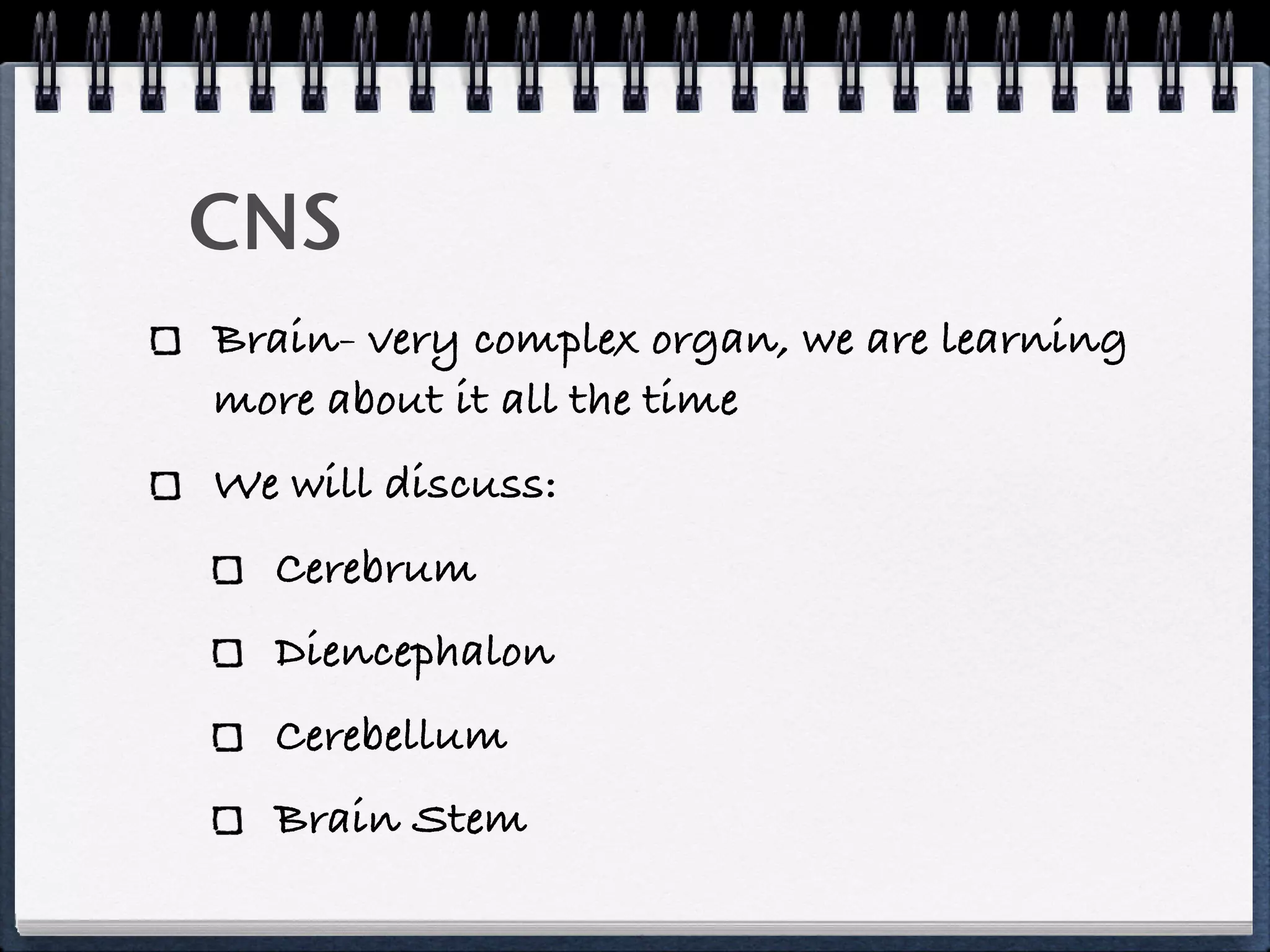CNS
Brain- very complex organ, we are learning
more about it all the time
We will discuss:
  Cerebrum
  Diencephalon
  Cerebellum
  Brain Stem
 