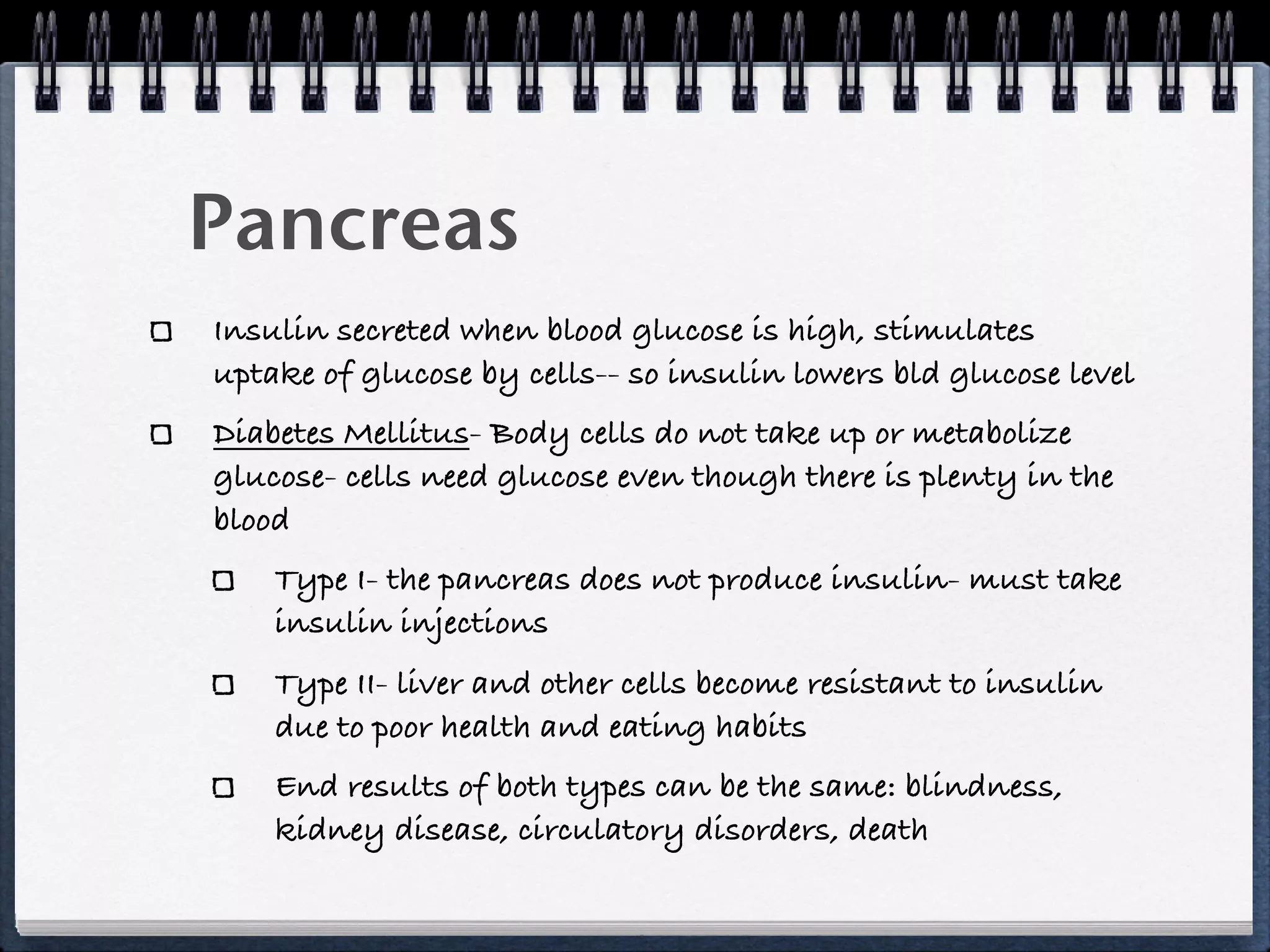 Pancreas
Insulin secreted when blood glucose is high, stimulates
uptake of glucose by cells-- so insulin lowers bld glucose level
Diabetes Mellitus- Body cells do not take up or metabolize
glucose- cells need glucose even though there is plenty in the
blood
    Type I- the pancreas does not produce insulin- must take
    insulin injections
    Type II- liver and other cells become resistant to insulin
    due to poor health and eating habits
    End results of both types can be the same: blindness,
    kidney disease, circulatory disorders, death
 