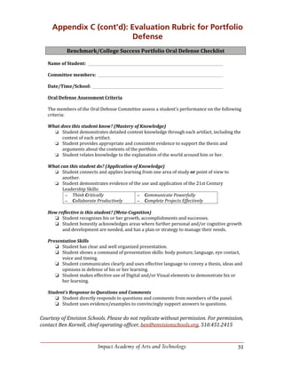 51Impact Academy of Arts and Technology
Courtesy of Envision Schools. Please do not replicate without permission. For permission,
contact Ben Kornell, chief operating officer, ben@envisionschools.org, 510.451.2415
−
−
−
−
16
Appendix C (cont’d): Evaluation Rubric for Portfolio
Defense
 