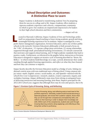 2 Stanford Center for Opportunity Policy in Education
L
School Description and Outcomes:
A Distinctive Place to Learn
Impact Academy is dedicated to transforming students’ lives by preparing
them for success in college and in life. Impact Academy offers students a
rigorous academic experience and a diverse, compassionate community
in which to grow. Our students are inspired and empowered to be leaders
in their high school education and their communities.
—Impact web site
ocated in Hayward, California, Impact Academy of Arts and Technology prides
itself on using project-based teaching to foster strong academic growth and deep,
meaningful learning experiences for its students. Impact is managed by a non-
profit charter management organization, Envision Education, and is one of three public
schools in the network. Envision Education’s philosophy is built around a focus on
the “4 R’s” of education: (1) rigorous college-prep curriculum, (2) strong relationships
supported through small, personalized learning environments, (3) relevant coursework
that motivates and supports deep learning, and (4) high academic standards that lead to
positive results. Furthermore, as referenced in the graphic below, instruction at Envision
Education is designed to support an iterative cycle of learning described as “Know, Do,
Reflect,” in which students build knowledge on a topic, actively demonstrate their under-
standing through applied learning opportunities, and reflect on what they have learned
and how they can continue to improve.
Impact faculty describe the Envision Education model as a bridge of sorts, linking tra-
ditional content areas with non-traditional ways of doing school. Using common sub-
ject areas—math, English, science, social studies, art, and Spanish—married with the
school’s five Core Competencies—research, analysis, creative expression, inquiry, and
workplace learning—Impact deliberately steps away from relying on antiquated ways
of delivering instruction and assessing learning. Jesse Bean, Impact’s principal for the
2012-2013 school year, suggests that although there may be tests and quizzes, that is by
A cycle of knowing, doing, and reflecting exists at each level of the
portfolio experience. Ultimately, students build towards becoming a
balanced graduate, who knows their academic subjects, shows what
they can do through their competencies and leadership skills, and
reflects on their learning in order to deepen their knowledge and
skills. Within each of the competencies, students also cycle through
knowing (learning content), doing (applying), and reflecting as they
bring their artifact to proficiency.
Do
ReflectKnow
Source: Envision Education Professional Development Materials, 2012
Figure 1: Envision Cycle of Knowing, Doing, and Reflecting
 