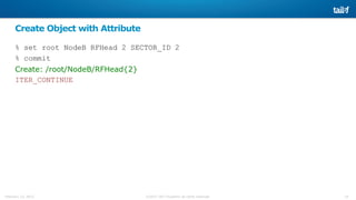 14©2015 Tail-f Systems all rights reservedFebruary 13, 2015
Create Object with Attribute
% set root NodeB RFHead 2 SECTOR_ID 2
% commit
Create: /root/NodeB/RFHead{2}
ITER_CONTINUE
 
