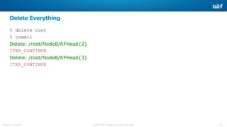 20©2015 Tail-f Systems all rights reservedFebruary 13, 2015
Delete Everything
% delete root
% commit
Delete: /root/NodeB/RFHead{2}
ITER_CONTINUE
Delete: /root/NodeB/RFHead{3}
ITER_CONTINUE
 