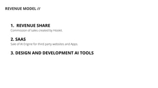REVENUE MODEL //
1. REVENUE SHARE
Commission of sales created by Hookit.
2. SAAS
Sale of AI Engine for third party websites and Apps.
3. DESIGN AND DEVELOPMENT AI TOOLS
 