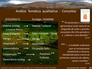 Conferência Ciência, Humanidades e Tecnologia. Univ. Fernando Pessoa. Porto. 5Junho2012 AnaCristinaCarvalho. FCSH/UNL 13
Análise Temática qualitativa - Conceitos
** “… a tradição ordenava
que se esconjurasse
finalmente o Inverno,
mandando para a serra as
primeiras vezeiras de cabras,
vacas e ovelhas “
(p.63)
*“O construtor (..) remoto
aproveitara corte natural no
fraguedo de xisto e granito,
encostara-lhe três paredes e
(…) abrira o ciclo familiar “
(p.21)
Habitat proteg.
(Lameiros, Matos)
Fator limitante
Abrigo
Adaptação *
Sobrevivência
Cooperação **
Dominância ecolog.
…
ECOLOGIA Cl. Ecologia HUMANA
Habitat “urbano”
Fator limitante / Emig.
Abrigo *
Adaptação
Ocupação Solo:
Pastoreio **
Culturas
…
 