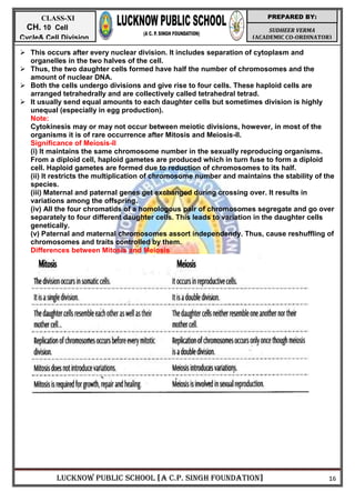 LUCKNOW PUBLIC SCHOOL [A C.P. SINGH FOUNDATION] 16
SUDHEER VERMA
(ACADEMIC CO-ORDINATOR)
PREPARED BY:
CLASS-XI
CH. 10 Cell
Cycle& Cell Division
 This occurs after every nuclear division. It includes separation of cytoplasm and
organelles in the two halves of the cell.
 Thus, the two daughter cells formed have half the number of chromosomes and the
amount of nuclear DNA.
 Both the cells undergo divisions and give rise to four cells. These haploid cells are
arranged tetrahedrally and are collectively called tetrahedral tetrad.
 It usually send equal amounts to each daughter cells but sometimes division is highly
unequal (especially in egg production).
Note:
Cytokinesis may or may not occur between meiotic divisions, however, in most of the
organisms it is of rare occurrence after Mitosis and Meiosis-ll.
Significance of Meiosis-ll
(i) It maintains the same chromosome number in the sexually reproducing organisms.
From a diploid cell, haploid gametes are produced which in turn fuse to form a diploid
cell. Haploid gametes are formed due to reduction of chromosomes to its half.
(ii) It restricts the multiplication of chromosome number and maintains the stability of the
species.
(iii) Maternal and paternal genes get exchanged during crossing over. It results in
variations among the offspring.
(iv) All the four chromatids of a homologous pair of chromosomes segregate and go over
separately to four different daughter cells. This leads to variation in the daughter cells
genetically.
(v) Paternal and maternal chromosomes assort independendy. Thus, cause reshuffling of
chromosomes and traits controlled by them.
Differences between Mitosis and Meiosis
 