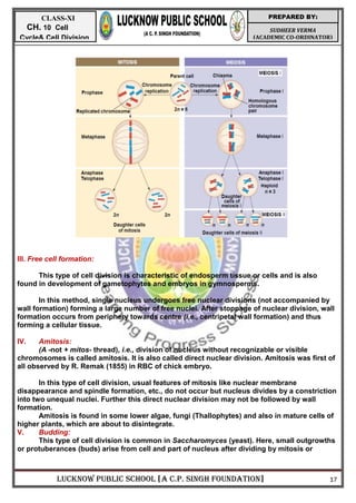 LUCKNOW PUBLIC SCHOOL [A C.P. SINGH FOUNDATION] 17
SUDHEER VERMA
(ACADEMIC CO-ORDINATOR)
PREPARED BY:
CLASS-XI
CH. 10 Cell
Cycle& Cell Division
III. Free cell formation:
This type of cell division is characteristic of endosperm tissue or cells and is also
found in development of gametophytes and embryos in gymnosperms.
In this method, single nucleus undergoes free nuclear divisions (not accompanied by
wall formation) forming a large number of free nuclei. After stoppage of nuclear division, wall
formation occurs from periphery towards centre (i.e., centripetal wall formation) and thus
forming a cellular tissue.
IV. Amitosis:
(A -not + mitos- thread), i.e., division of nucleus without recognizable or visible
chromosomes is called amitosis. It is also called direct nuclear division. Amitosis was first of
all observed by R. Remak (1855) in RBC of chick embryo.
In this type of cell division, usual features of mitosis like nuclear membrane
disappearance and spindle formation, etc., do not occur but nucleus divides by a constriction
into two unequal nuclei. Further this direct nuclear division may not be followed by wall
formation.
Amitosis is found in some lower algae, fungi (Thallophytes) and also in mature cells of
higher plants, which are about to disintegrate.
V. Budding:
This type of cell division is common in Saccharomyces (yeast). Here, small outgrowths
or protuberances (buds) arise from cell and part of nucleus after dividing by mitosis or
 