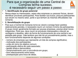 Anhanguera Educacional S.A. | www.unianhanguera.edu.br
4
• 1. Identificação do grupo potencial
• Nessa etapa os interessados, sejam eles empresas ou pessoas físicas, devem
identificar prováveis participantes. Para facilitar sua busca, procure participantes
que atuam no mesmo setor, porte e que tenham as mesmas dificuldades nas
compras.
• 2. Sensibilização do grupo
• Para que a Central de Compras torne-se viável e consiga fazer pedidos
relativamente grandes, é necessário reunir um número mínimo de participantes.
O grupo inicial, geralmente formado por poucas empresas, precisa atrair novos
integrantes. Para isso, deve reunir os prováveis interessados e discutir as
vantagens e desafios, além da forma de funcionamento de uma central a ser
adotada pelo grupo. Vale lembrar que não há um procedimento padrão, mas o
bom funcionamento depende de algumas condições:
• - número de empresas que represente um lote de compras significativo;
- motivação dos participantes;
- união em torno do objetivo comum;
- participação efetiva de cada associado;
- gestão direta e democrática;
- comprometimento com a convivência em grupo;
- bom relacionamento entre todos;
- predisposição para troca de idéias.
Para que a organização de uma Central de
Compras tenha sucesso,
é necessário seguir um passo a passo:
Para que a organização de uma Central de
Compras tenha sucesso,
é necessário seguir um passo a passo:
 