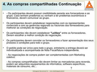 Anhanguera Educacional S.A. | www.unianhanguera.edu.br
7
• - Os participantes devem possuir credibilidade perante aos fornecedores e ao 
grupo. Caso tenham problemas ou venham a ter problemas econômicos e 
financeiros, devem comunicar ao grupo. 
• Os participantes devem estabelecer negociações com os representantes 
comerciais e com as gerências regionais ou nacionais dos fornecedores para 
melhorar as condições de negociação.
• Os participantes não devem estabelecer "Leilões" entre os fornecedores. 
Devem escolher a melhor condição de negociação.
• Os participantes devem convidar os fornecedores a fazer apresentação dos seus 
produtos e condições para todo o grupo.
• O pedido pode ser único para todo o grupo, entretanto a entrega deverá ser 
individualizada e acompanhada de Nota Fiscal/fatura independente.
- As negociações de compra podem ser complementadas com Marketing 
coletivo.
- As compras compartilhadas não devem limitar as mercadorias para revenda, 
podem ser adquiridos equipamentos de informática, software específicos, 
materiais de consumo, etc... 
4. As compras compartilhadas Continuação4. As compras compartilhadas Continuação
 