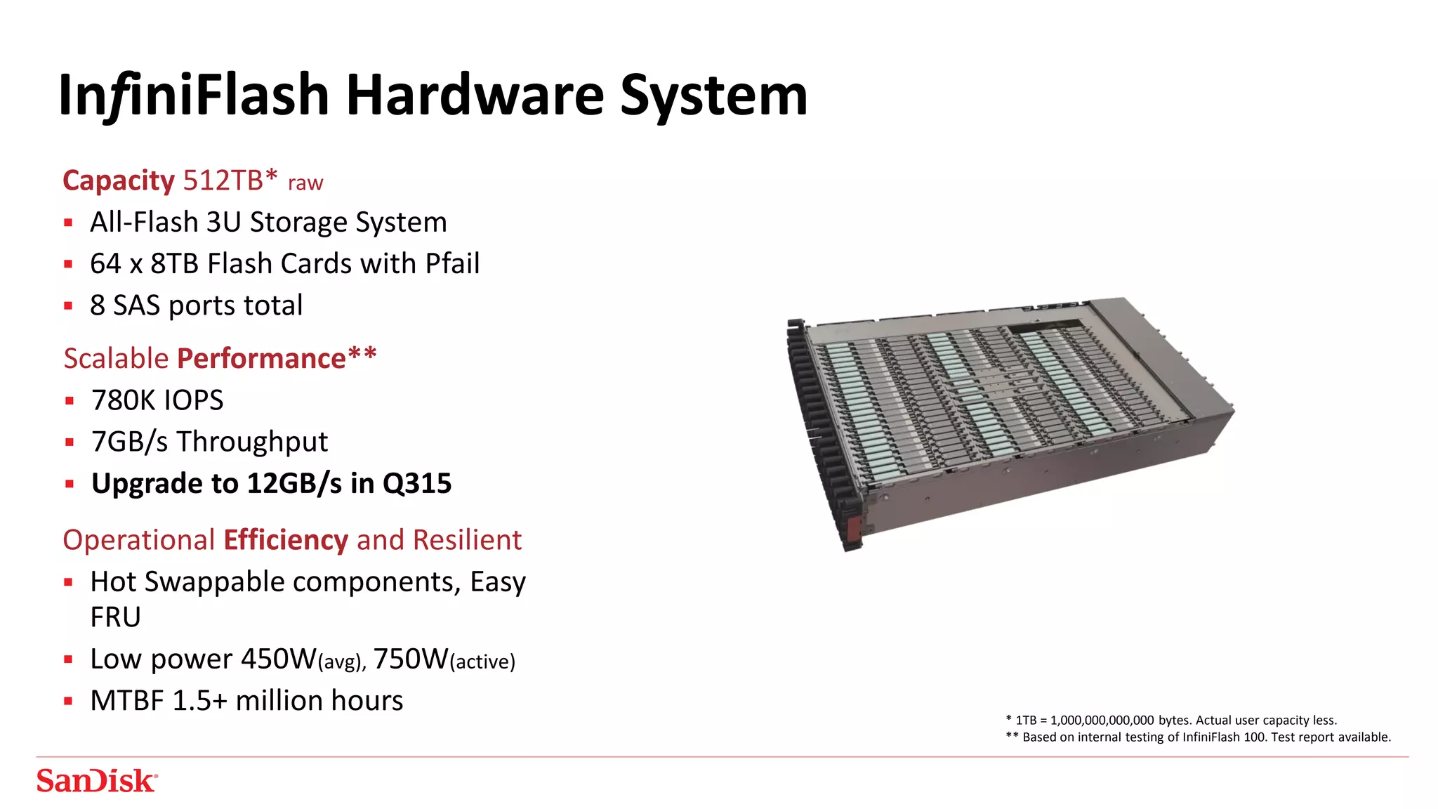 InfiniFlash Hardware System
Capacity 512TB* raw
 All-Flash 3U Storage System
 64 x 8TB Flash Cards with Pfail
 8 SAS ports total
Operational Efficiency and Resilient
 Hot Swappable components, Easy
FRU
 Low power 450W(avg), 750W(active)
 MTBF 1.5+ million hours
Scalable Performance**
 780K IOPS
 7GB/s Throughput
 Upgrade to 12GB/s in Q315
* 1TB = 1,000,000,000,000 bytes. Actual user capacity less.
** Based on internal testing of InfiniFlash 100. Test report available.
 
