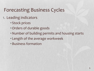 Forecasting Business Cycles
1. Leading indicators
    • Stock prices
    • Orders of durable goods
    • Number of building permits and housing starts
    • Length of the average workweek
    • Business formation




                                                      5
 