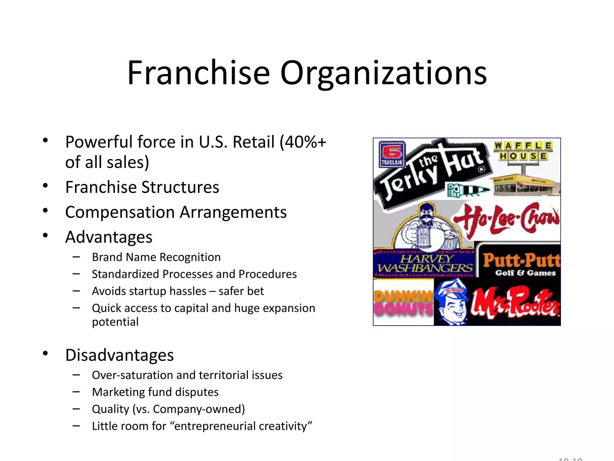 Franchise Organizations
• Powerful force in U.S. Retail (40%+
  of all sales)
• Franchise Structures
• Compensation Arrangements
• Advantages
   –   Brand Name Recognition
   –   Standardized Processes and Procedures
   –   Avoids startup hassles – safer bet
   –   Quick access to capital and huge expansion
       potential

• Disadvantages
   –   Over-saturation and territorial issues
   –   Marketing fund disputes
   –   Quality (vs. Company-owned)
   –   Little room for “entrepreneurial creativity”
 