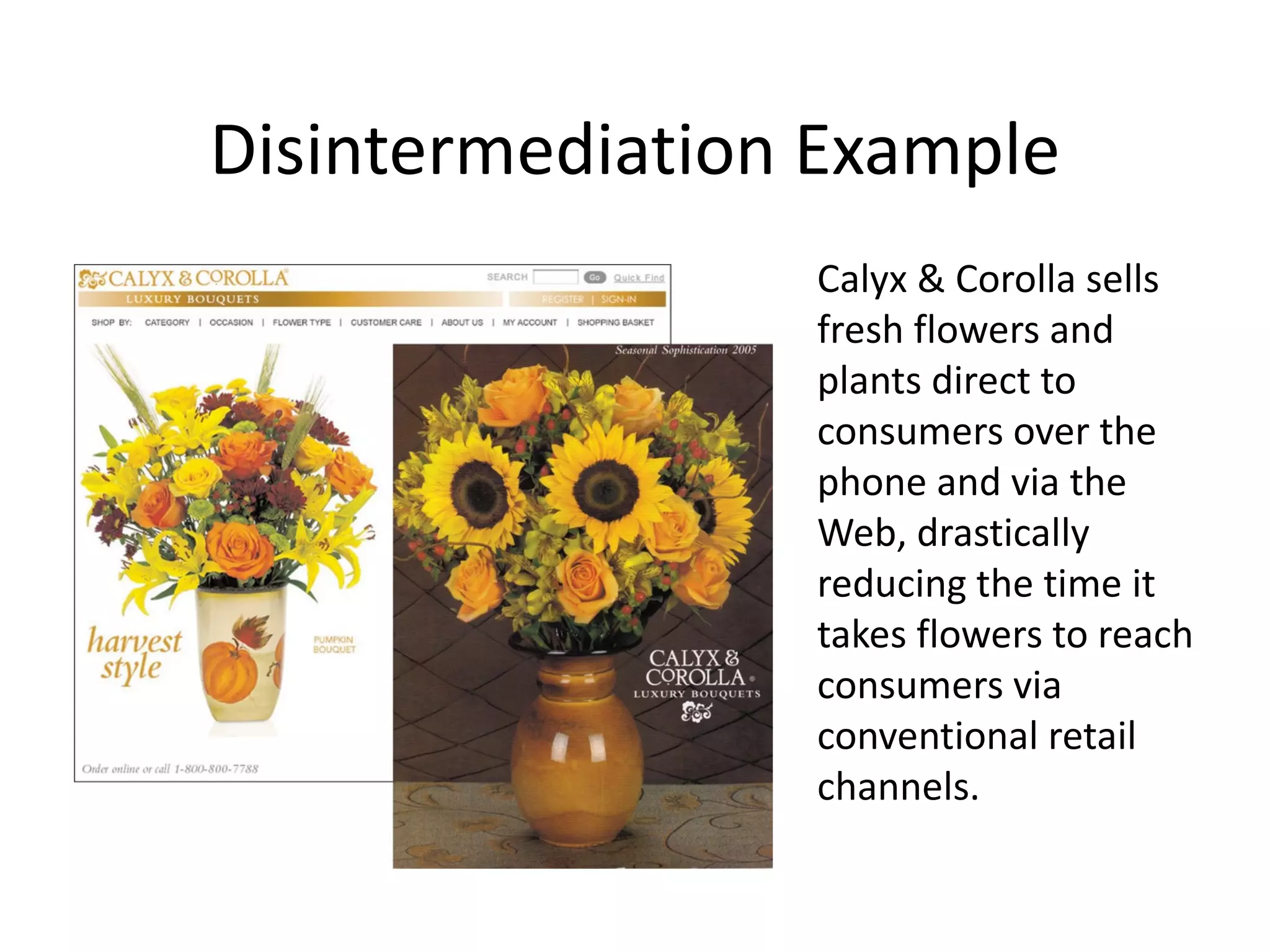 Disintermediation Example
                 Calyx & Corolla sells
                 fresh flowers and
                 plants direct to
                 consumers over the
                 phone and via the
                 Web, drastically
                 reducing the time it
                 takes flowers to reach
                 consumers via
                 conventional retail
                 channels.
 