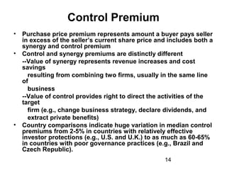14
Control Premium
• Purchase price premium represents amount a buyer pays seller
in excess of the seller’s current share price and includes both a
synergy and control premium
• Control and synergy premiums are distinctly different
--Value of synergy represents revenue increases and cost
savings
resulting from combining two firms, usually in the same line
of
business
--Value of control provides right to direct the activities of the
target
firm (e.g., change business strategy, declare dividends, and
extract private benefits)
• Country comparisons indicate huge variation in median control
premiums from 2-5% in countries with relatively effective
investor protections (e.g., U.S. and U.K.) to as much as 60-65%
in countries with poor governance practices (e.g., Brazil and
Czech Republic).
 