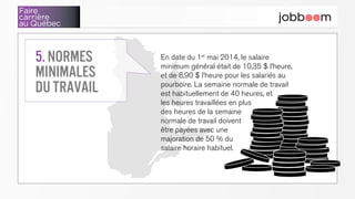 Faire
carrière
au Québec
En date du 1er
mai 2017, le salaire
minimum général était de 11,25 $ l’heure,
et de 9,45 $ l’heure pour les salariés au
pourboire. La semaine normale de travail
est habituellement de 40 heures, et
les heures travaillées en plus
des heures de la semaine
normale de travail doivent
être payées avec une
majoration de 50 % du
salaire horaire habituel.
5. Normes
minimales
du travail
 