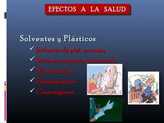 EFECTOS A LA SALUDEFECTOS A LA SALUDEFECTOS A LA SALUDEFECTOS A LA SALUD
Solventes y PlásticosSolventes y Plásticos
 Irritantes de piel, mucosasIrritantes de piel, mucosas
 Irritantes aparato respiratorioIrritantes aparato respiratorio
 NeurotóxicosNeurotóxicos
 HepatotóxicosHepatotóxicos
 CancerígenosCancerígenos
 