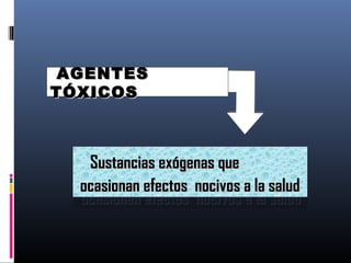 AGENTESAGENTES
TÓXICOSTÓXICOS
AGENTESAGENTES
TÓXICOSTÓXICOS
Sustancias exógenas queSustancias exógenas que
ocasionan efectos nocivos a la saludocasionan efectos nocivos a la salud
Sustancias exógenas queSustancias exógenas que
ocasionan efectos nocivos a la saludocasionan efectos nocivos a la salud
 