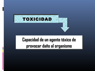 Capacidad de un agente tóxico deCapacidad de un agente tóxico de
provocar daño al organismoprovocar daño al organismo
Capacidad de un agente tóxico deCapacidad de un agente tóxico de
provocar daño al organismoprovocar daño al organismo
TOXICIDADTOXICIDADTOXICIDADTOXICIDAD
 