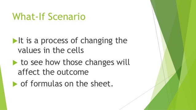 What-If Scenario
It is a process of changing the
values in the cells
 to see how those changes will
affect the outcome
 of formulas on the sheet.
 