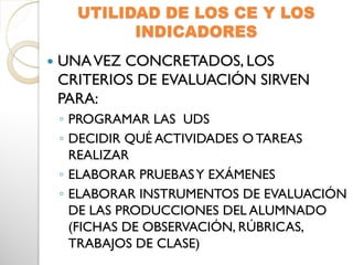 UTILIDAD DE LOS CE Y LOS
INDICADORES
 UNAVEZ CONCRETADOS, LOS
CRITERIOS DE EVALUACIÓN SIRVEN
PARA:
◦ PROGRAMAR LAS UDS
◦ DECIDIR QUÉ ACTIVIDADES O TAREAS
REALIZAR
◦ ELABORAR PRUEBASY EXÁMENES
◦ ELABORAR INSTRUMENTOS DE EVALUACIÓN
DE LAS PRODUCCIONES DEL ALUMNADO
(FICHAS DE OBSERVACIÓN, RÚBRICAS,
TRABAJOS DE CLASE)
 